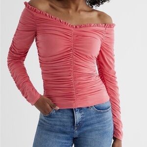 Express Off-Shoulder Body Contour Coral Ruched Blouse